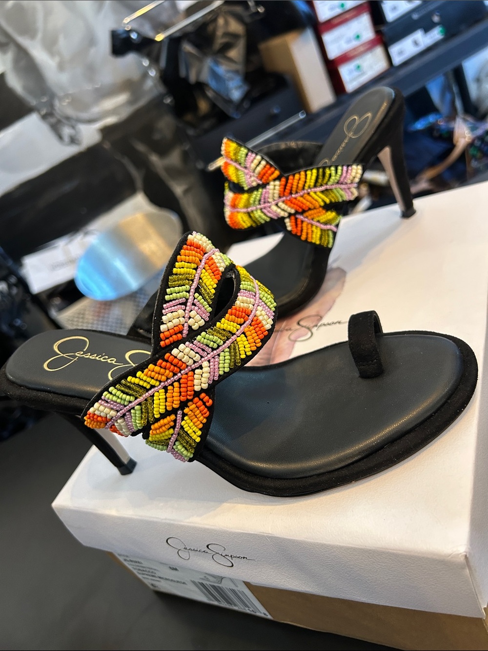 Jessica Simpson Black Heeled Slide Sandals with Multicolor Bead Embellishment - Picture 2 of 4